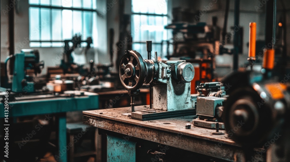 Fototapeta premium Industrial Workshop with Machinery and Tools in Detailed Setting