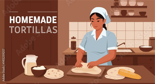 Mexican woman making homemade tortillas in the kitchen. Minimalist colorful illustration banner