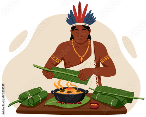 Indigenous Man Preparing Traditional Food Wrapped in Banana Leaves