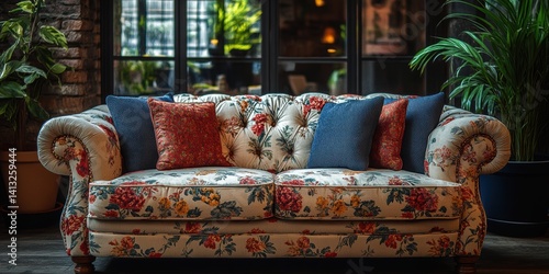 Elegant floral couch with decorative pillows set against a modern interior