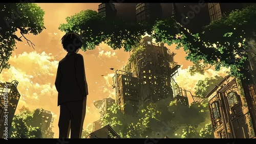 Animated Character Contemplating Overgrown Cityscape in Dreamlike Environment