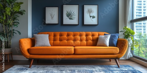 Stylish Orange Sofa with Botanical Wall Art in Modern Interior Design