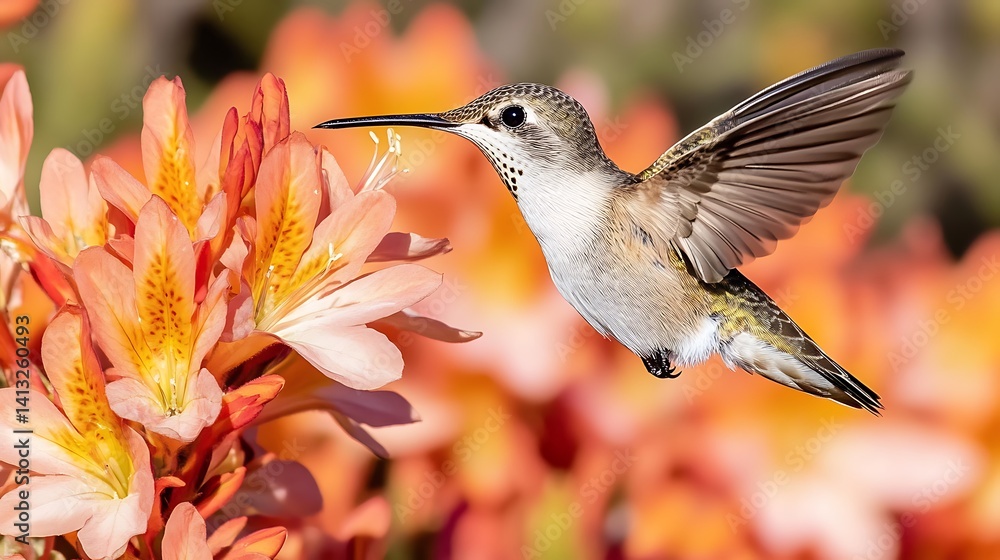 Fototapeta premium Hummingbird feeding on vibrant orange flowers (1)