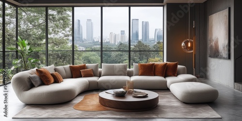 Modern living room with curved sofa, city view, and contemporary decor for sophisticated interior design inspiration