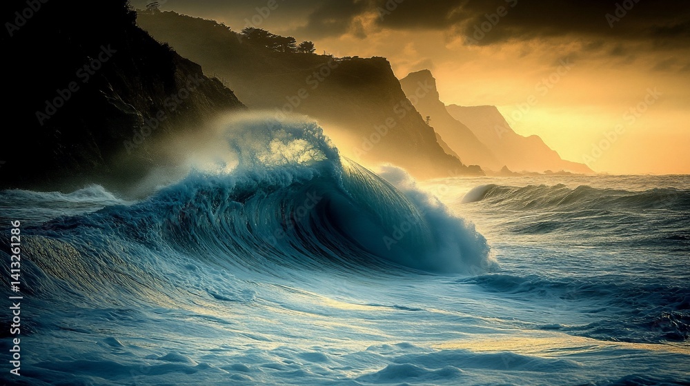 Fototapeta premium Ocean wave crashes on shoreline, rocky cliffs behind at sunrise with sky hues