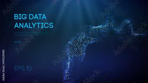 Big data analytics visualization with glowing blue wave of circular digital particles on dark background, abstract data sphere and futuristic network grid.