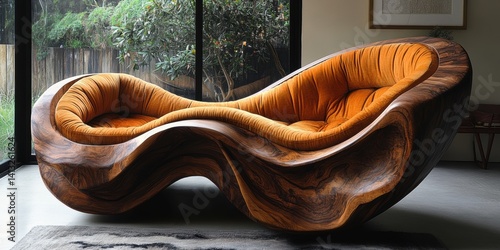 Elegant wooden sofa with orange velvet cushions, blending modern design with natural textures in a bright room