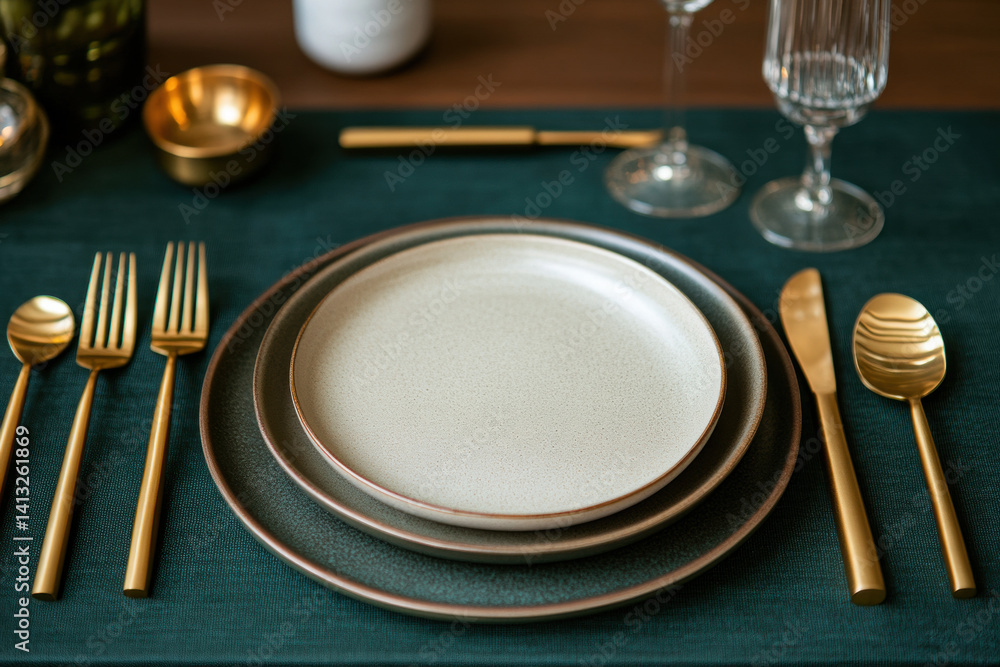 Gold and green plates elegantly set on a table for a luxurious dining experience. Gold and green plates elegantly set on a table for a luxurious dining experience.