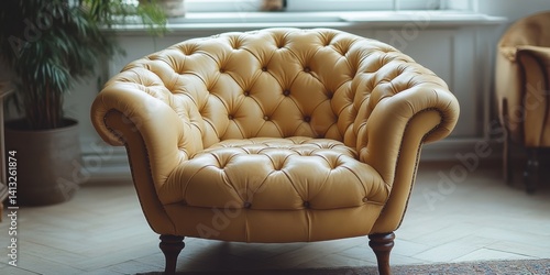 Elegant Mustard Yellow Tufted Armchair in a Bright Interior Setting