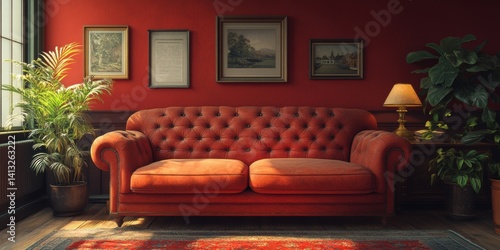 Elegant Red Living Room with Chesterfield Sofa, Plants, and Artwork in a Classic Style