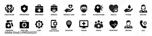 Vector set of healthcare and medical icons including doctor, treatment, AI healthcare, sanitizer, patient, diagnosis, hygiene, and more. Ideal for apps, websites, and health materials. symbol.
