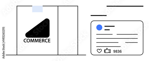 Delivery box with commerce branding and a social media post featuring thumbs ups and comments. Ideal for online shopping, feedback, social proof, marketing, branding, e-commerce strategy, simple
