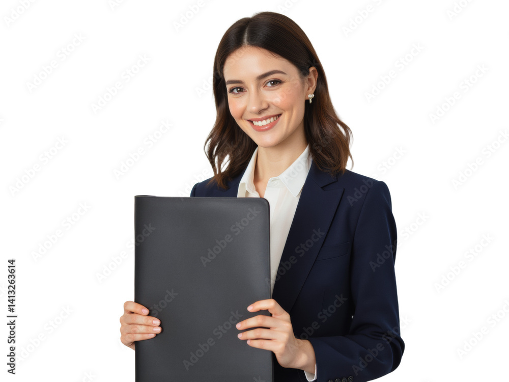 Business portrait isolated on white transparent background: A smiling young woman with dark hair, wearing a navy blazer and white shirt, confidently presents a black tablet to the camera against a p Business portrait isolated on white transparent background: A smiling young woman with dark hair, wearing a navy blazer and white shirt, confidently presents a black tablet to the camera against a p
