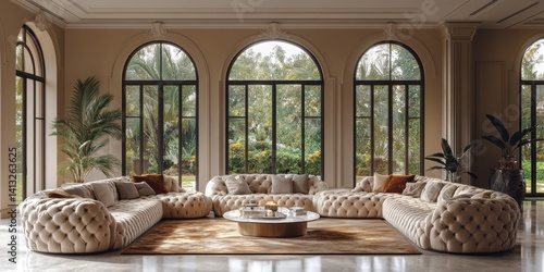 Opulent Living Room with U-Shaped Tufted Sofa and Lush Garden View Through Arched Windows