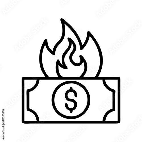 Burning money cash currency dollar finance financial flame loss waste investment risk concept icon