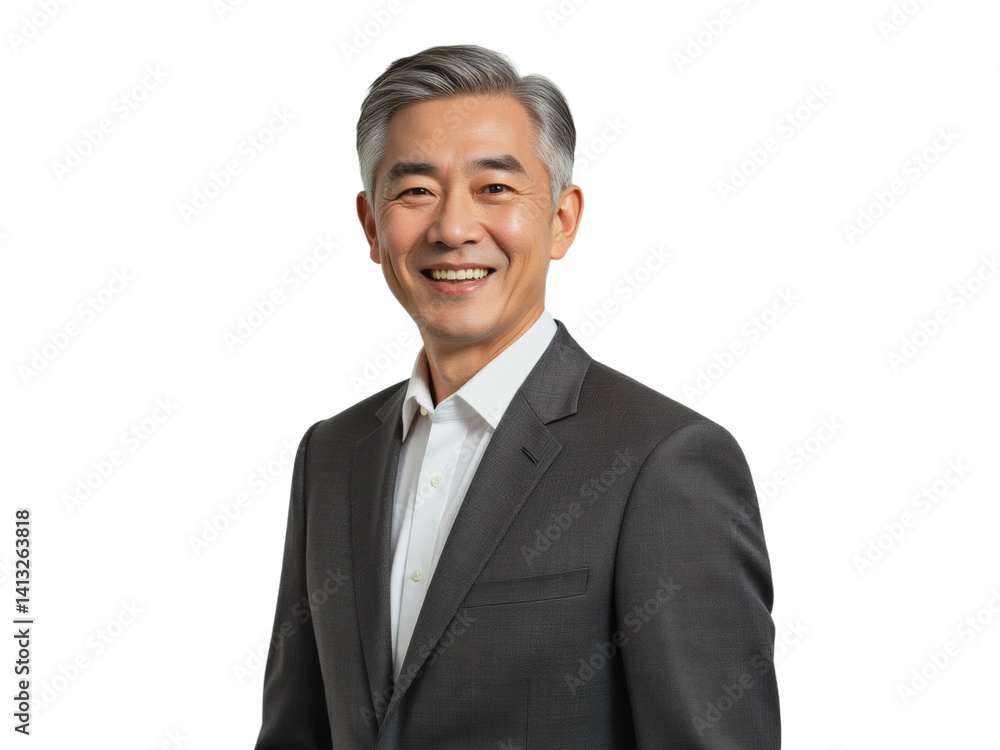 Business portrait isolated on white transparent background: A smiling Asian man in a gray suit and white shirt confidently looks toward the side, conveying professionalism and approachability. Business portrait isolated on white transparent background: A smiling Asian man in a gray suit and white shirt confidently looks toward the side, conveying professionalism and approachability.