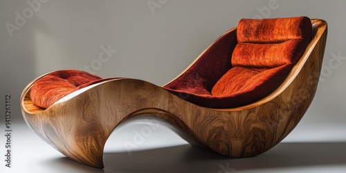 Unique chaise lounge chair design featuring a wooden frame and orange cushions, set against a soft gray background