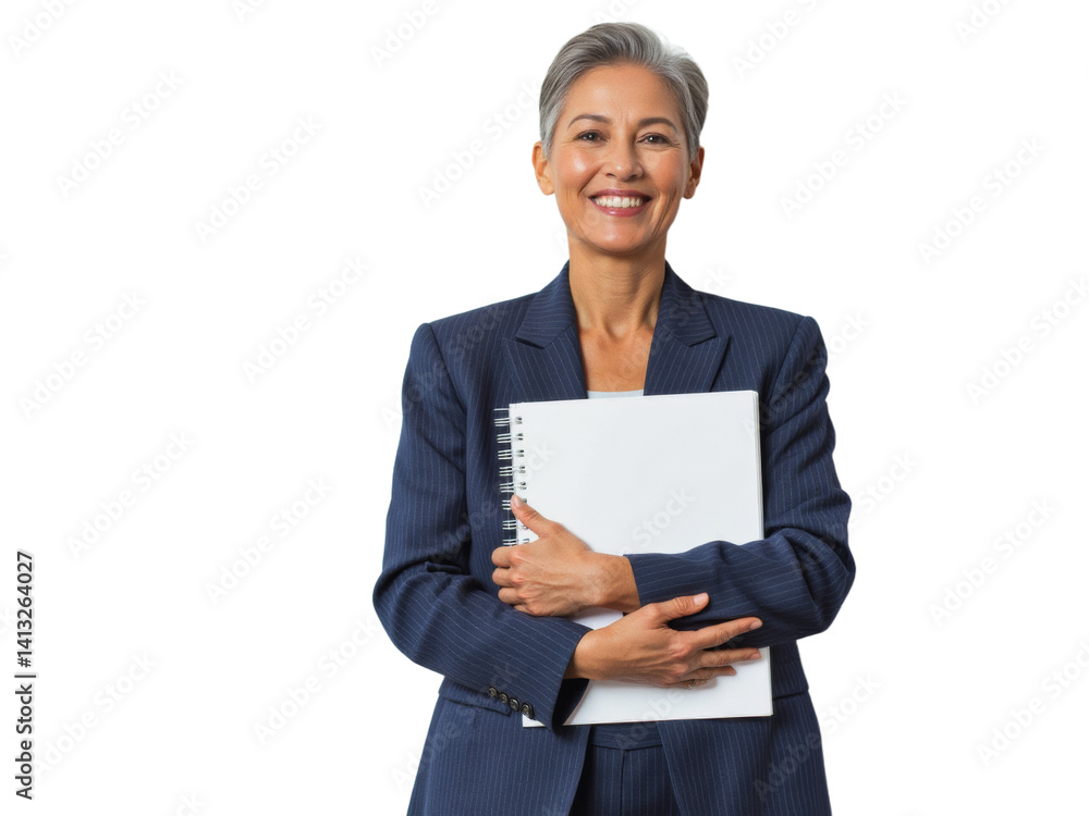 Business portrait isolated on white transparent background: A confident, mature Asian woman in a navy blue suit smiles warmly while holding a white notepad against a plain white background. Business portrait isolated on white transparent background: A confident, mature Asian woman in a navy blue suit smiles warmly while holding a white notepad against a plain white background.
