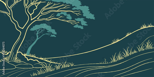 Minimalist Illustration of Trees and Rolling Hills with Grass in Serene Dark Background, Stylized Line Art Nature Design