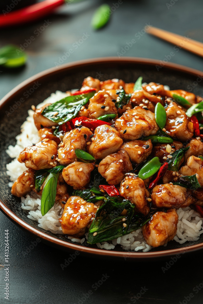 Bowl of chicken, spinach on rice. Bowl of chicken, spinach on rice.