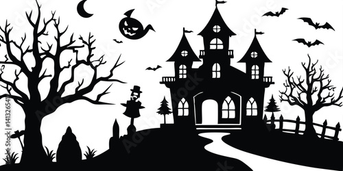 a dark and eerie haunted house silhouette on a moonlit night with bare trees, bats, and a full moon, detailed black and white illustration
