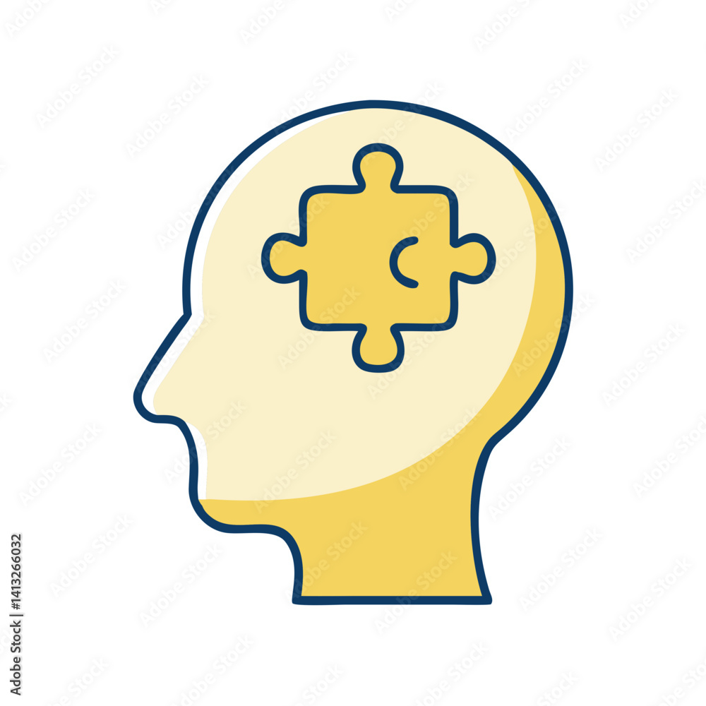 Puzzle piece inside human head flat icon in yellow Puzzle piece inside human head flat icon in yellow