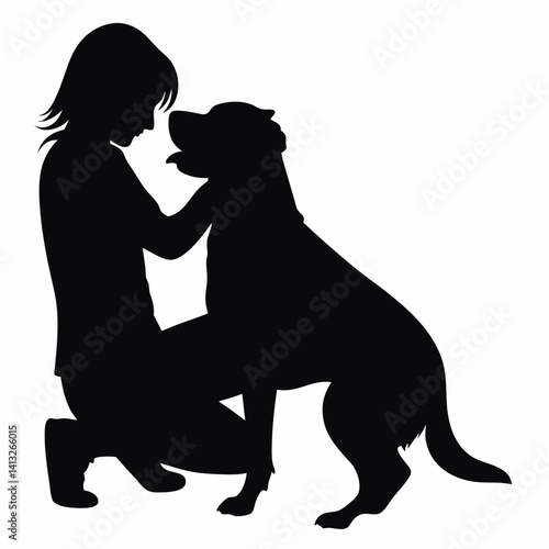 Woman kneeling with therapy dog in silhouette style