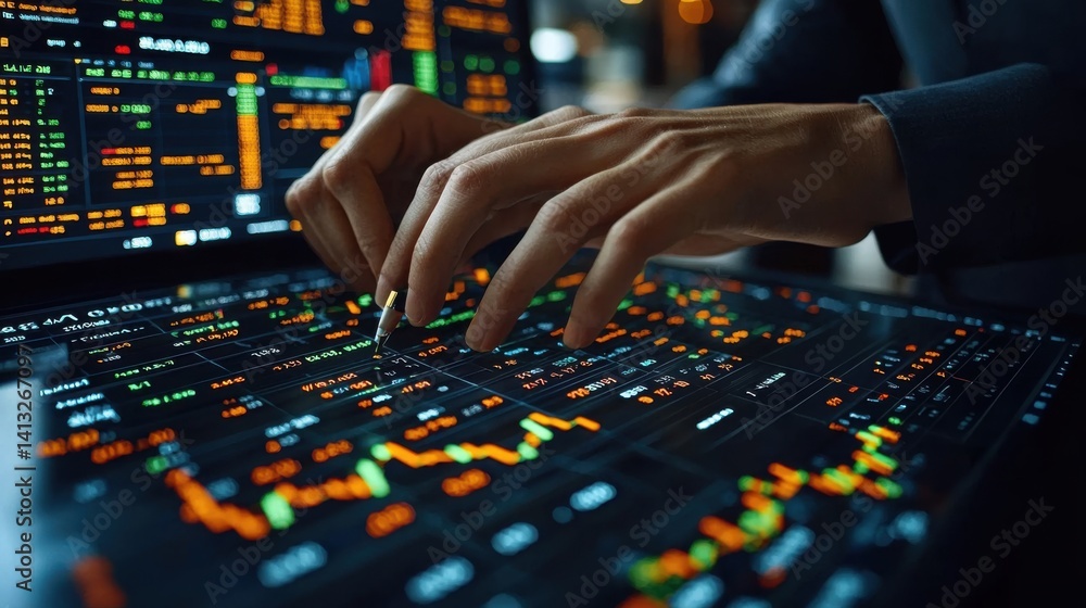 Obraz premium Close-Up of Hands Analyzing Financial Data on Digital Screen