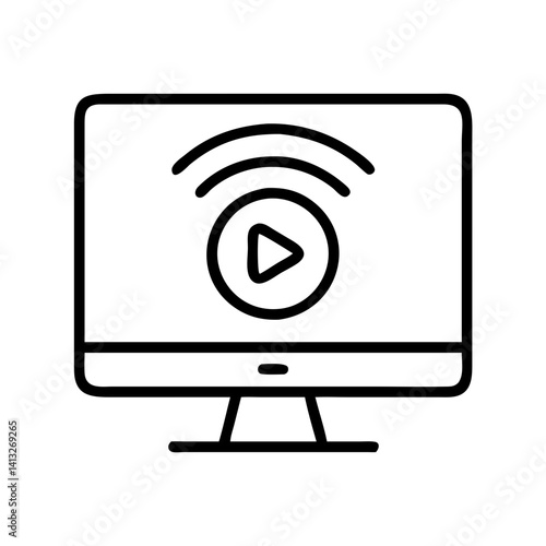 Streaming video on demand on computer screen with play button and wifi signal broadcast icon vector