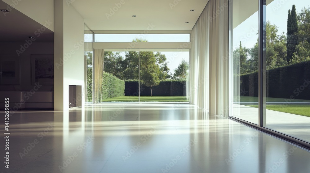Fototapeta premium Spacious Modern Interior with Natural Light and Greenery View