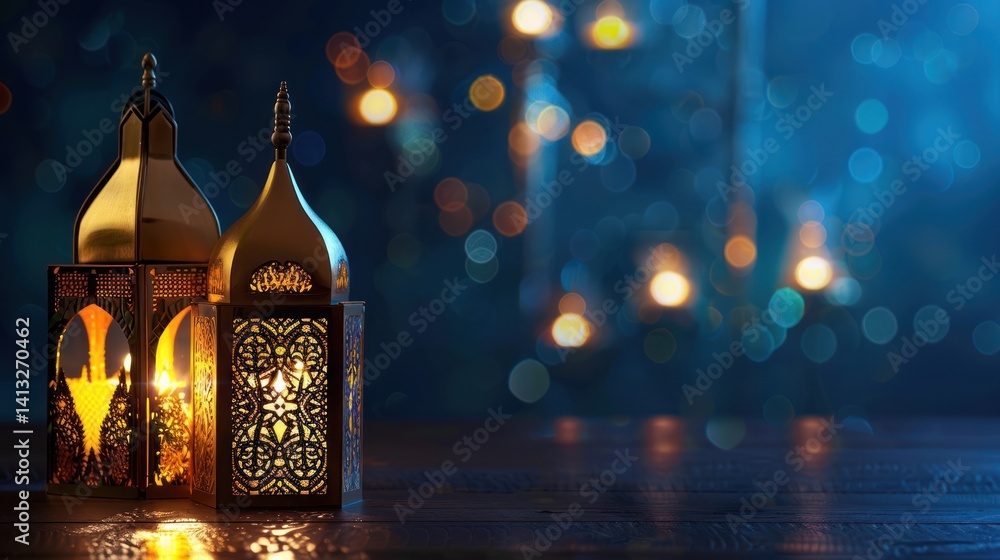 Ramadan lanterns on wooden table, blurred lights background. Possible use greeting card, website backdrop Ramadan lanterns on wooden table, blurred lights background. Possible use greeting card, website backdrop