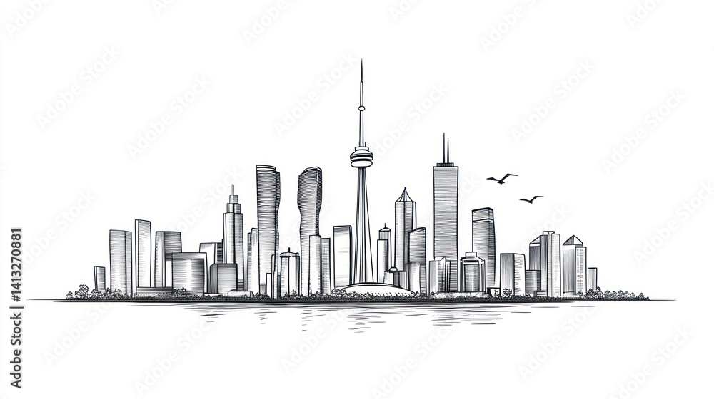 Hand-drawn sketch of Toronto skyline, city view, urban landscape Hand-drawn sketch of Toronto skyline, city view, urban landscape