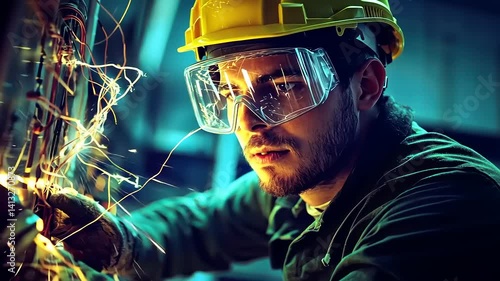 Focused Electrician Wiring with Safety Gear and Sparkling, Energetic Sparks