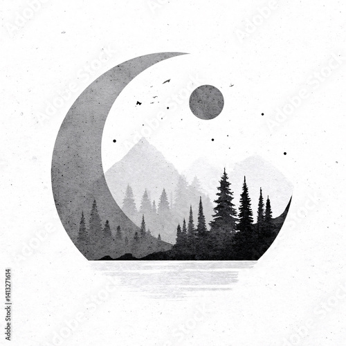 black and white tree and moon illustrations with minimalist style, abstract nature designs with ink and watercolor effects, silent forest drawings, artistic line compositions for print or poster use