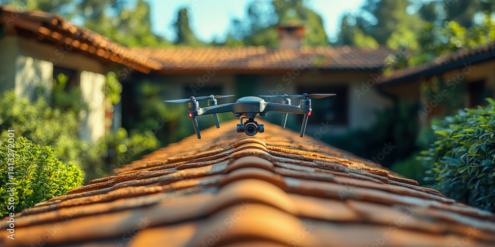 Drone inspects roof conditions over residential property during daylight hours Drone inspects roof conditions over residential property during daylight hours