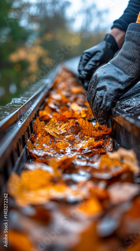Gutter cleaning activity showing autumn leaves being removed during a rainy day from a residential home
