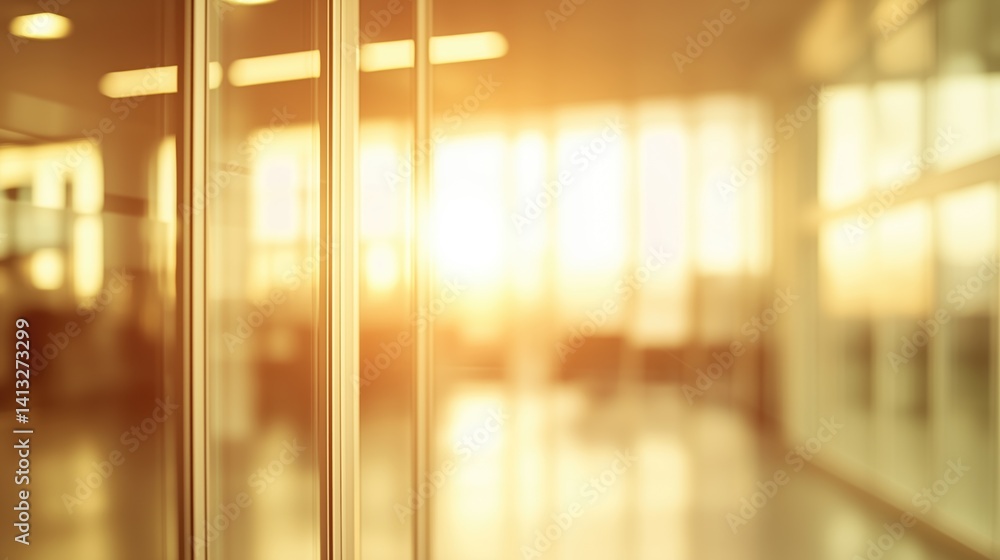 Abstract blurred image of a modern office corridor illuminated by bright ceiling lights, conveying work atmosphere