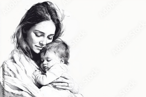 Mother and child embrace in hand drawn black and white line art illustration