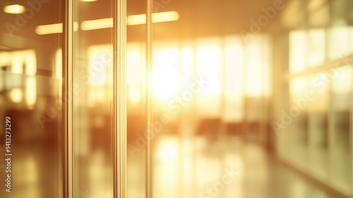 Obraz na płótnie Abstract blurred image of a modern office corridor illuminated by bright ceiling lights, conveying work atmosphere w salonie