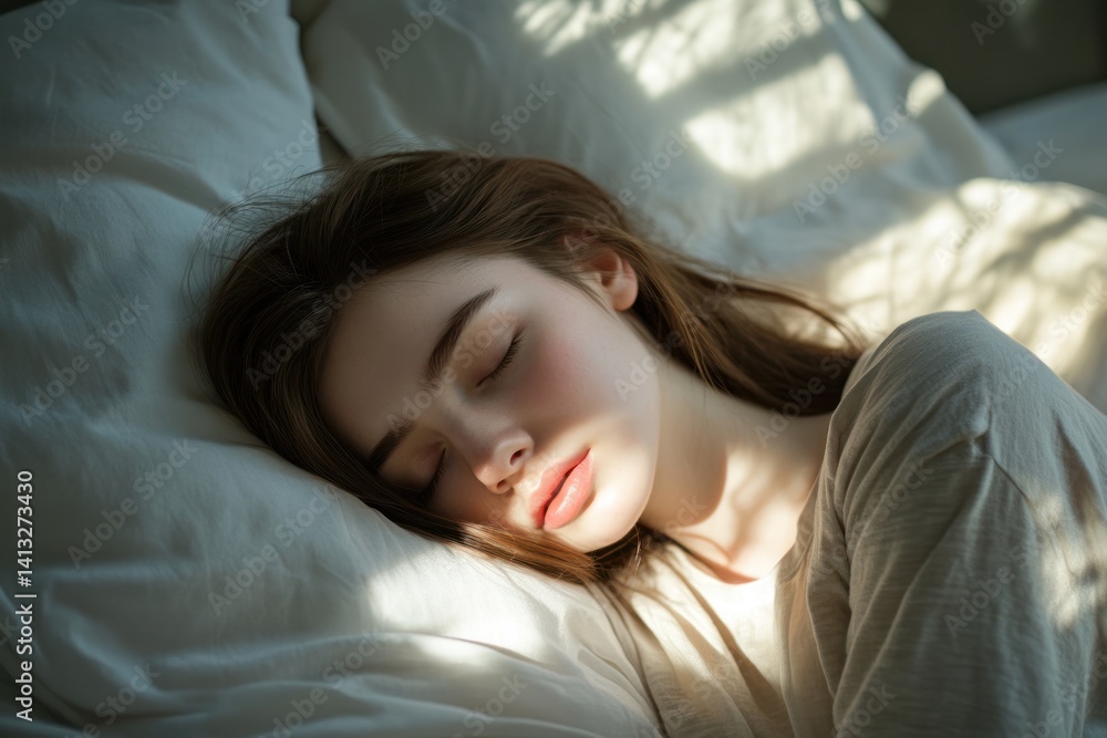 Woman sleeping peacefully in bed bathed in sunlight. Woman sleeping peacefully in bed bathed in sunlight.