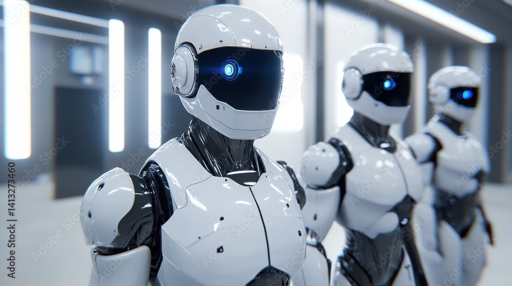 Futuristic humanoid robots in a modern tech environment Futuristic humanoid robots in a modern tech environment