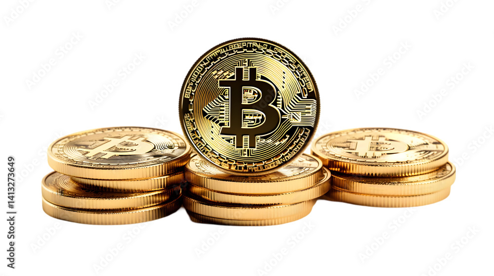 A stack of shiny golden bitcoin coins arranged on a black surface with a dark background image view A stack of shiny golden bitcoin coins arranged on a black surface with a dark background image view