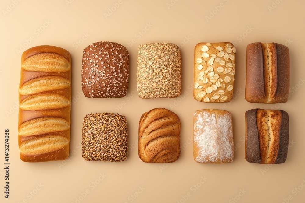 Various fresh bread loaves arranged side by side on white background.