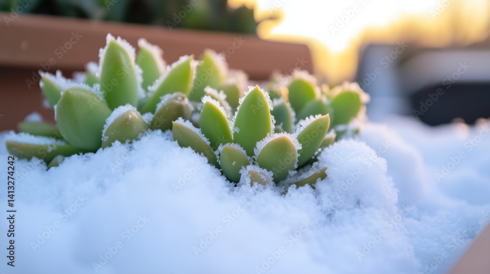Evergreen succulents peeking out from under fresh spring snow in a natural setting