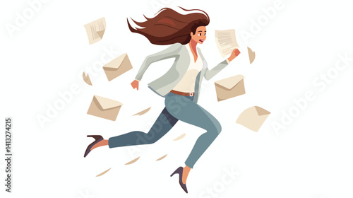 Stressed Businesswoman Running with Documents, Hilarious Office Scene job work rush suit team time  