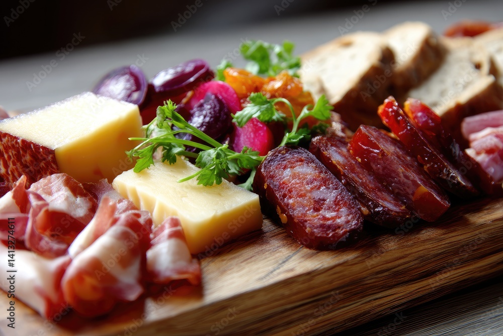 A close-up of Brazilian cheese and cured meats served on a wooden charcuterie board A close-up of Brazilian cheese and cured meats served on a wooden charcuterie board