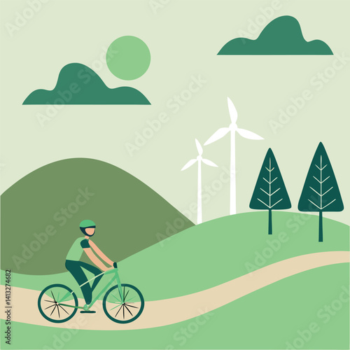 Person Cycling Past Wind Turbines and Solar Panels: Green Energy.