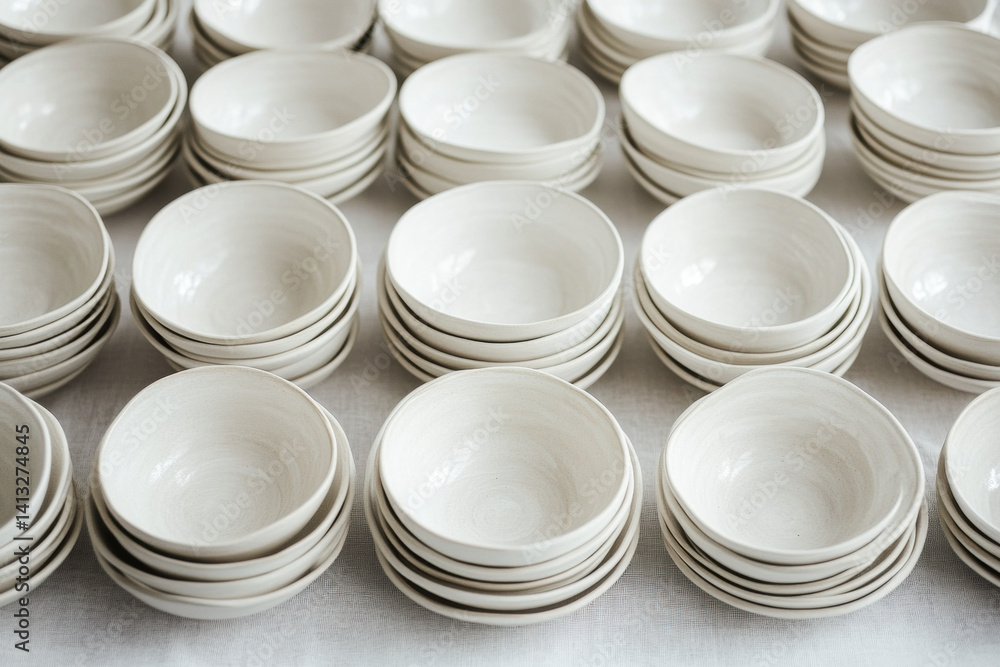 Pile of white bowls on table, neatly stacked. Pile of white bowls on table, neatly stacked.