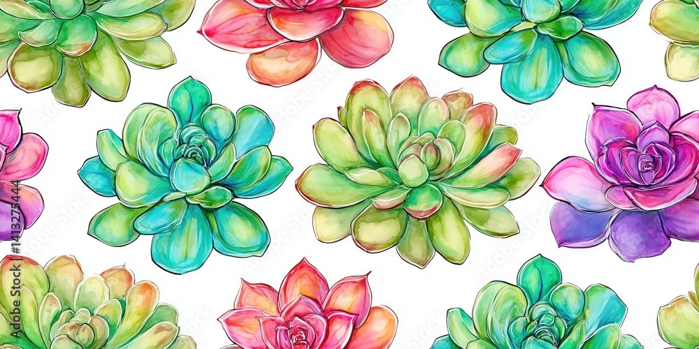 Colorful Succulent Pattern with Artistic Watercolor Design on White Background