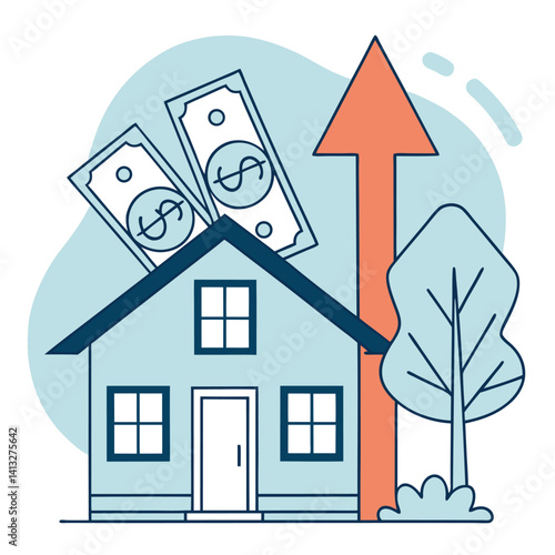 House with Upward Arrow and Money: Increasing Real Estate Value.